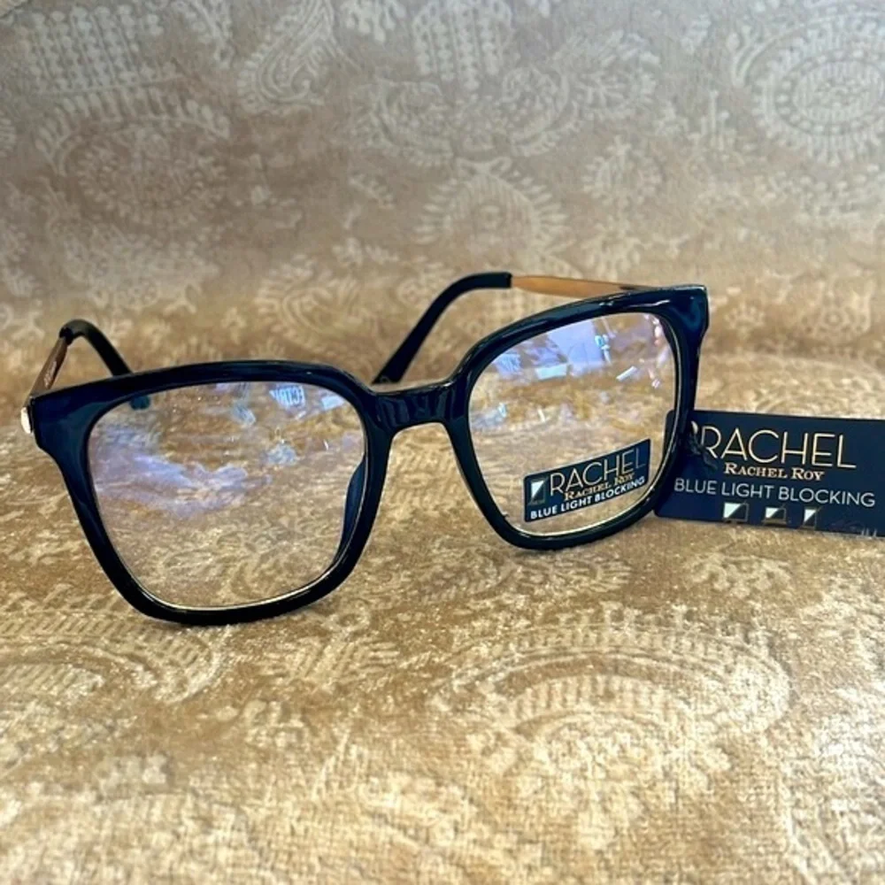 Brand New Rachel Roy Blue Light Blocking Round Glasses Black Frame Gold Tone Arm
